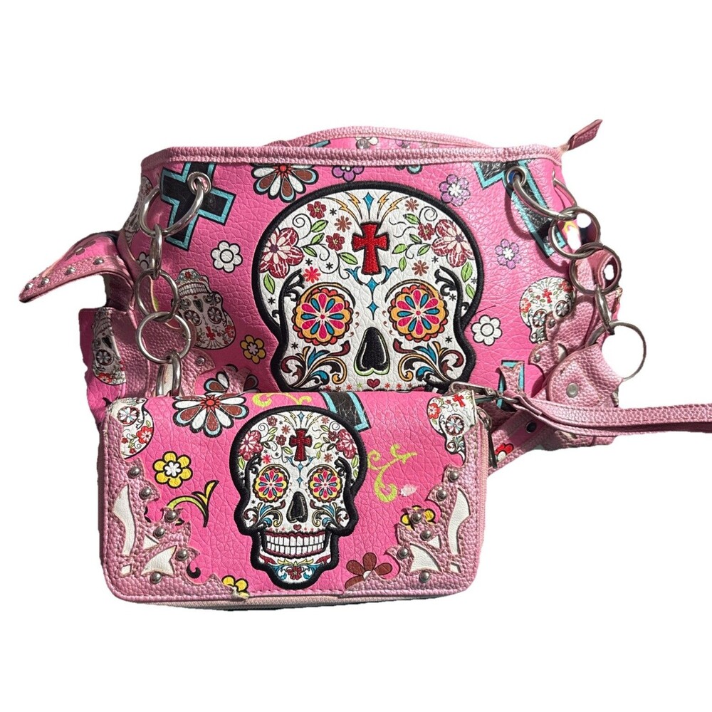 Cowgirl Trendy Pink Sugar Skull Western Purse Wallet Set Studded, Multi Pocket!